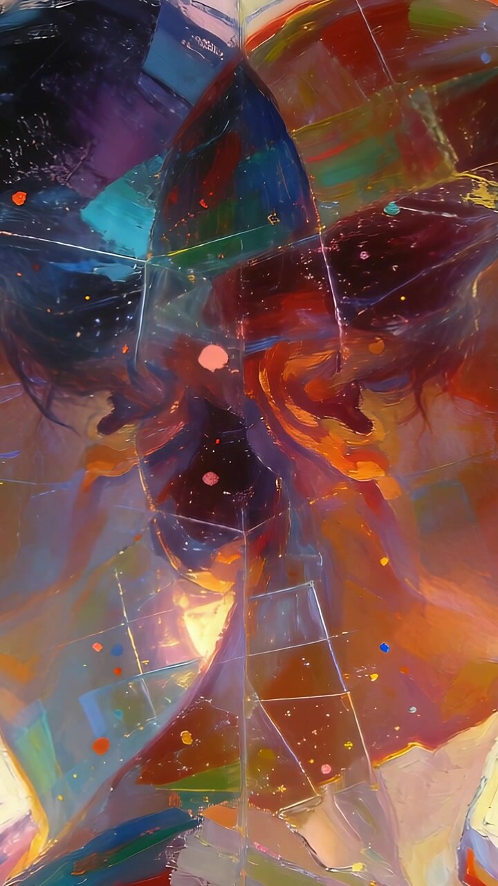 Vertical video: Glowing mirrored canvas showing color shifts while camera moving in studio