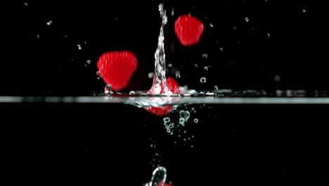 raspberries falling in water on black background