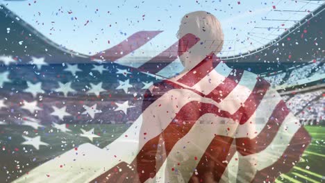 Animation-of-american-flag-and-confetti-over-caucasian-man-at-beach