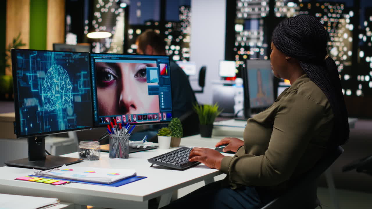 African american woman photographer uses neural networks system to edit photos