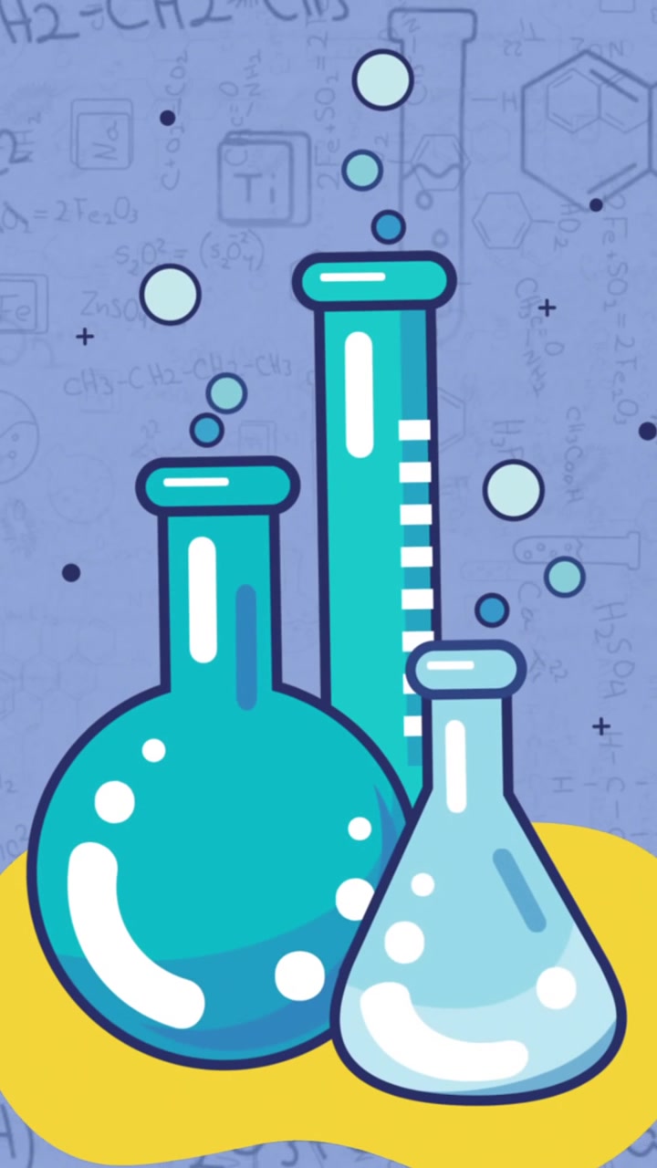 Digital animation of laboratory equipment icons against chemical structures on blue background