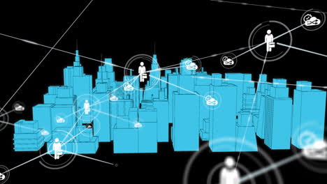 animation of network of connections with icons over 3d city drawing