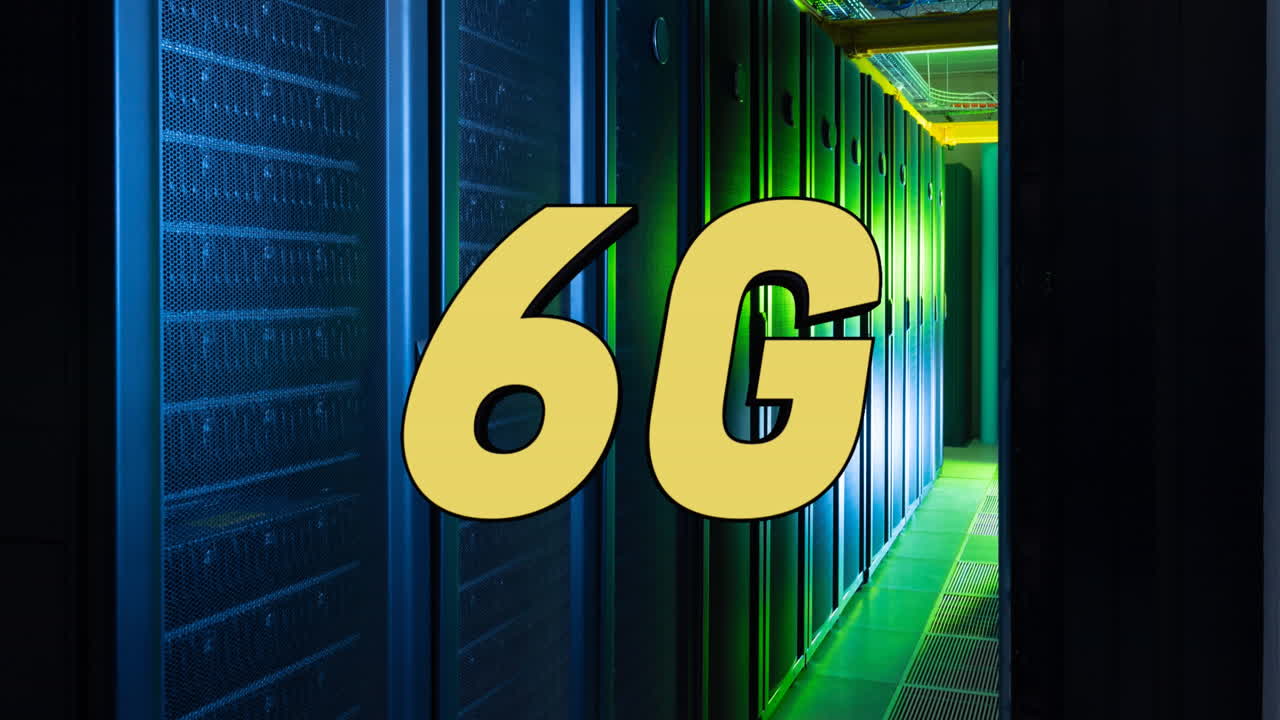 animación de banner de texto de 6g contra la sala del servidor de la computadora.