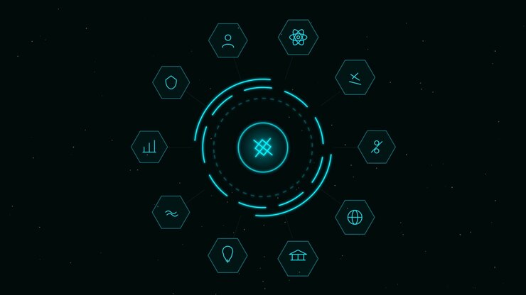 Digital Interface with Rotating Icons and Central HUD Element