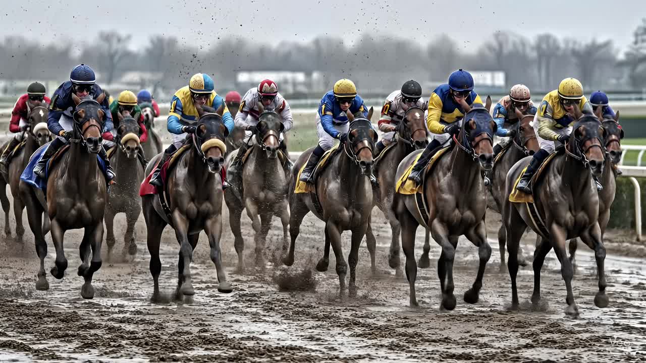 Exciting Horse Race with Many Jockeys on a Muddy Track