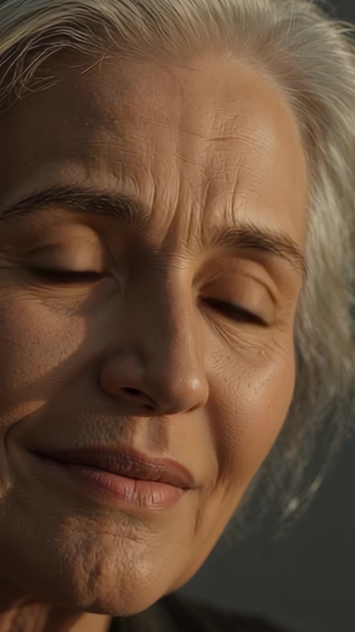 Vertical video: Senior woman shifting gaze and blinking in studio, with warm directional lighting