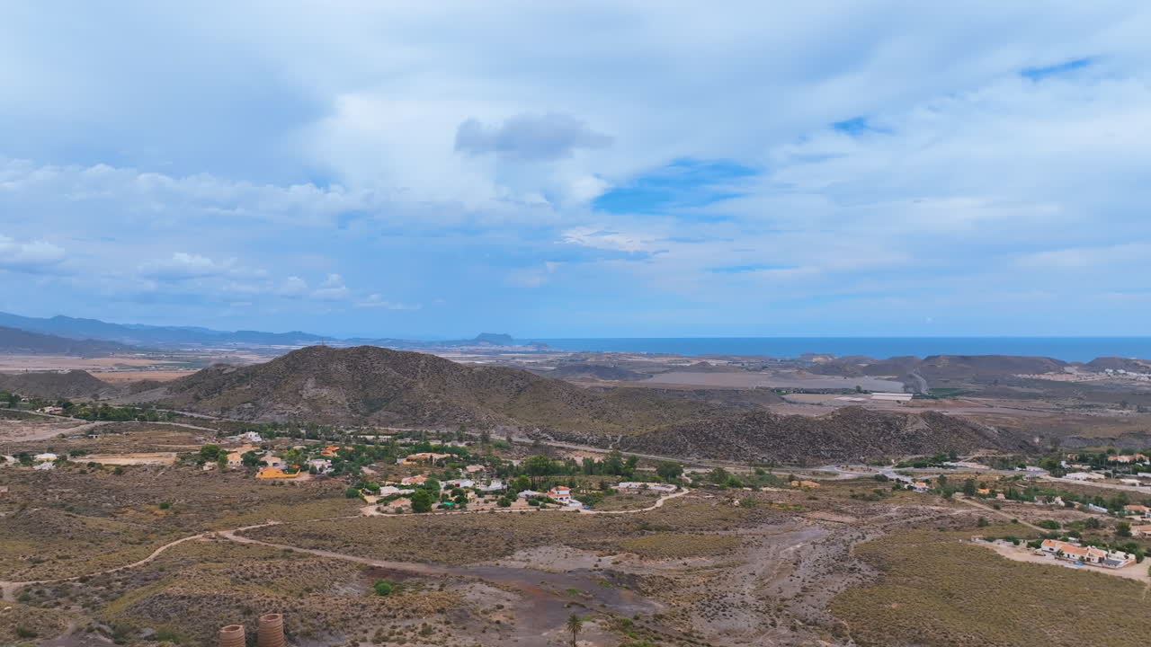 Aerial towards Pulpi's village urbanisations and view into Murcia province Spain