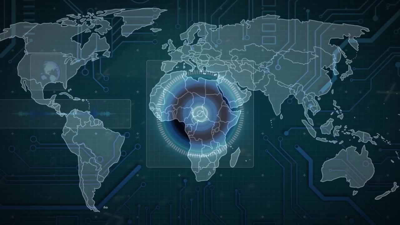 Animation of world map over scope scanning and data processing