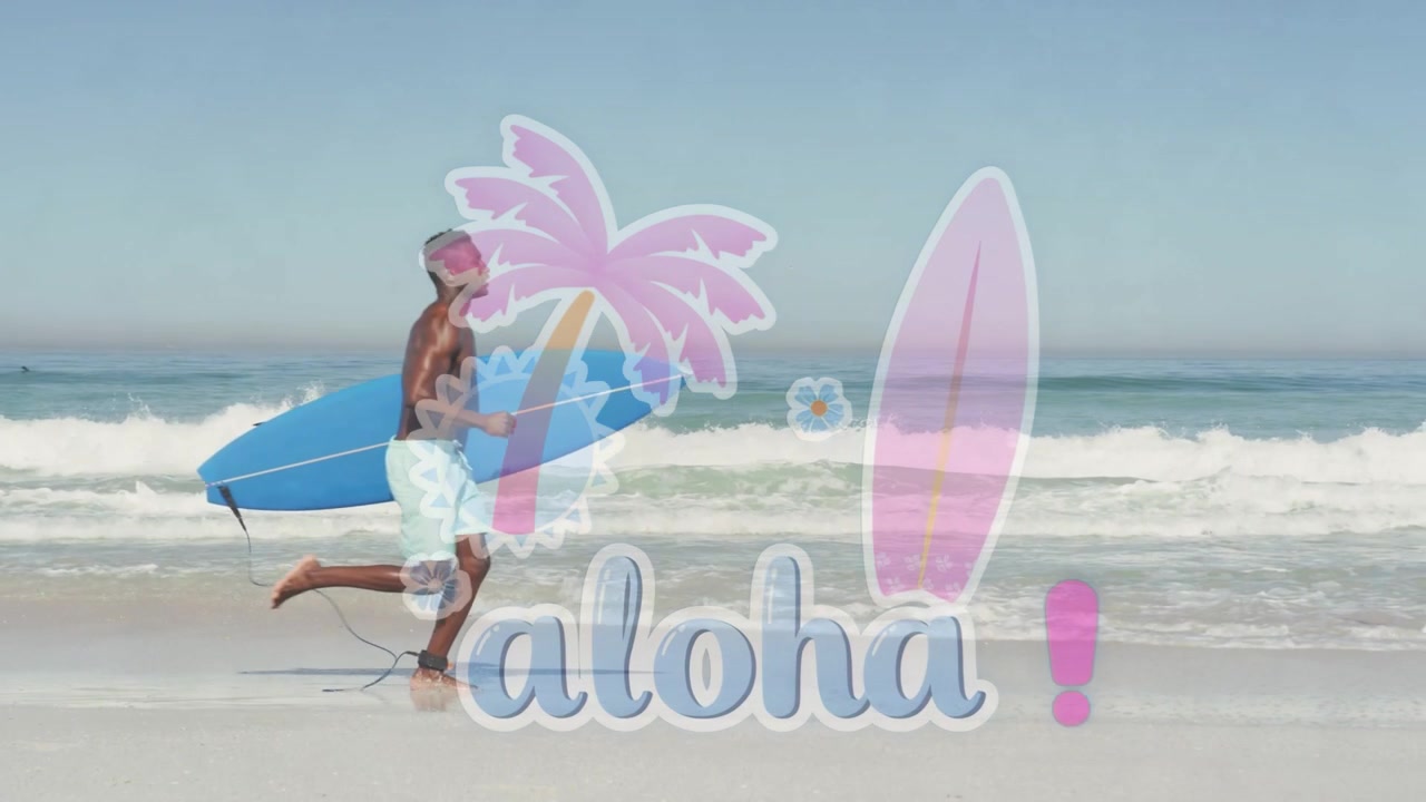 Surfista con tabla de surf azul corriendo hacia las olas después de que la tabla se desliza, con la superposición 'travel aloha' permaneciendo.