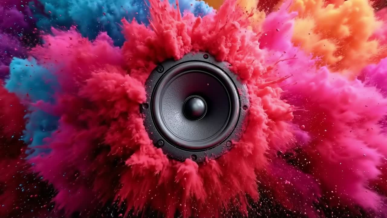 A speaker in the middle of a colorful cloud of smoke