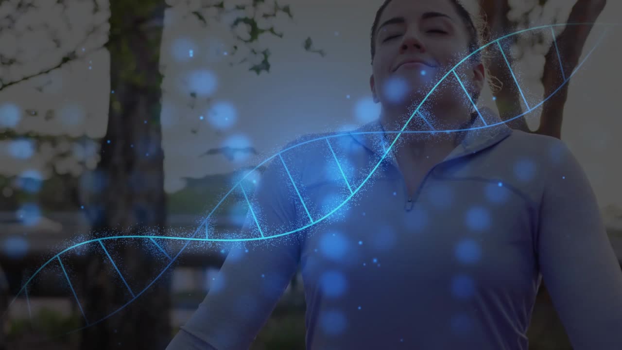 Woman standing in park helix appearing then sweeping across face, blue particles visualizing health
