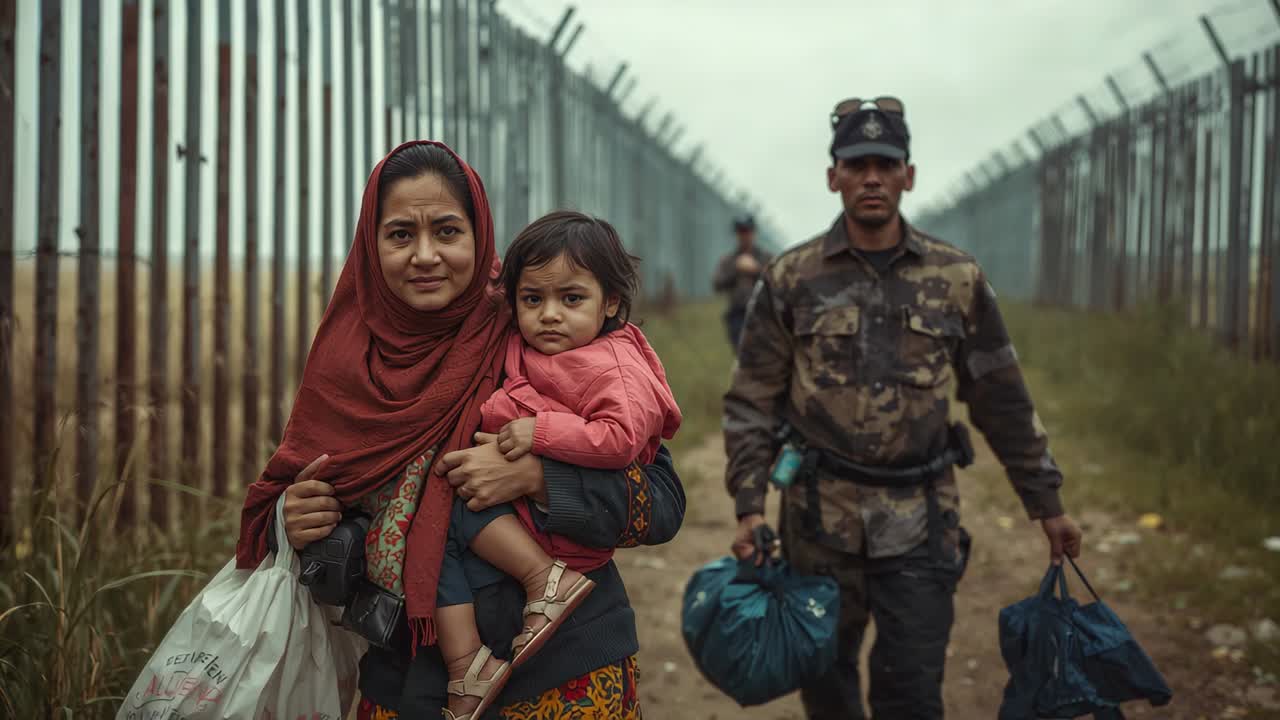 Walking woman in red scarf carrying toddler and white bag along fenced dirt path, camera tightening