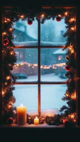 christmas window scene with candles and lights