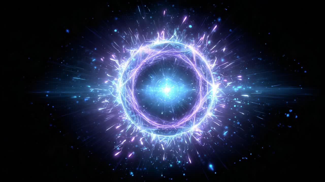 Luminous blue atom model with a glowing core and orbiting electrons pulsating with light and releasing sparkling particles against a dark background, representing a scientific or abstract concept
