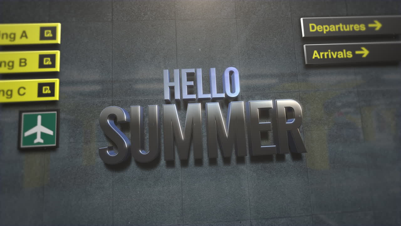 hello verano en la pared del aeropuerto con textos de información para los pasajeros