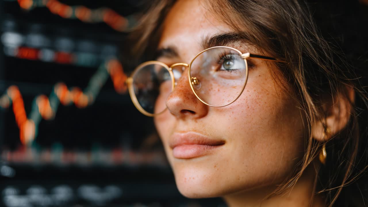 A Young Woman with Glasses Contemplates Market Trends, Capturing the Spirit of Thoughtfulness and Analytics in a Data-Driven Environment