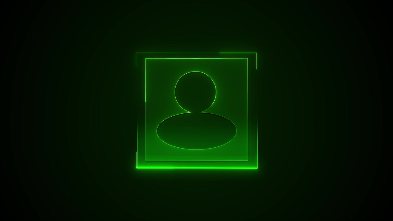 Interfaccia profilo utente verde con icona avatar luminosa, cornice quadrata e spazio di sicurezza scuro.