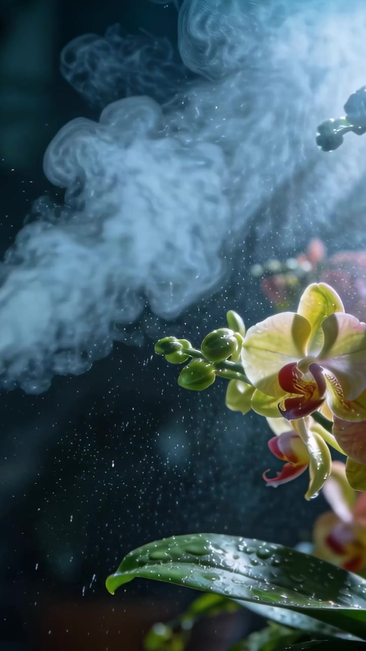 Video verticale: Nebbia che inizia da sinistra, passando un'orchidea gialla da studio e sollevando la rugiada dalle foglie, spazio per il testo