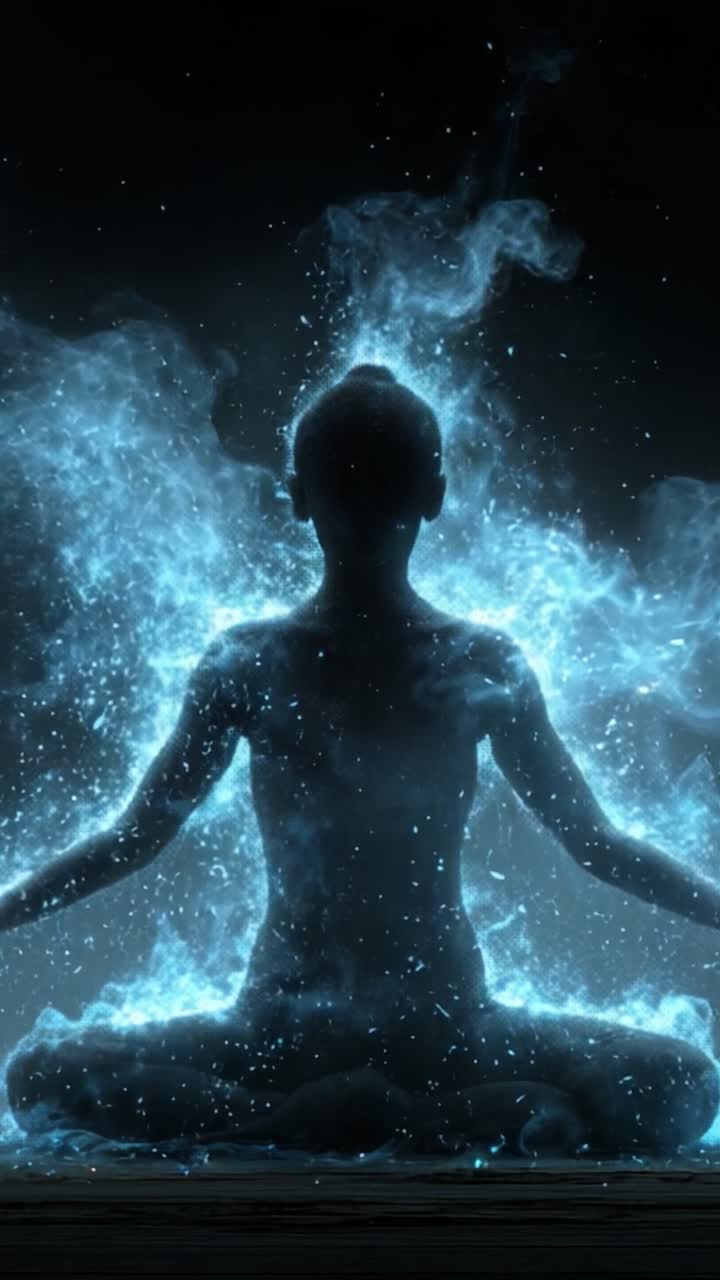 Una trasformazione mistica: Meditazione eterea circondata da enigmatica energia blu e particelle cosmiche induce un profondo stato di tranquillità e illuminazione.