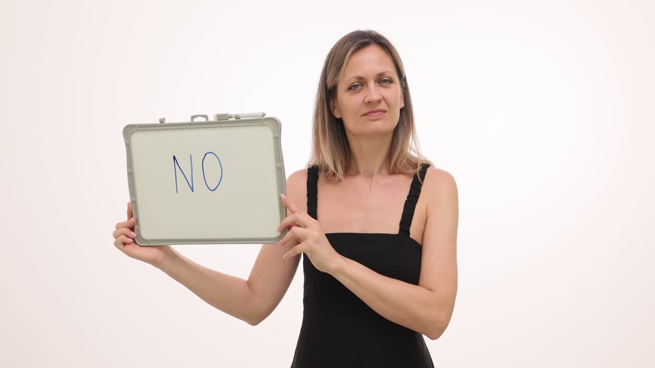 Woman Holding 'NO' Sign on White Background