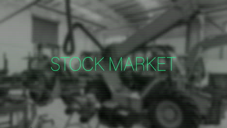 animation of stock market text and financial data processing over factory