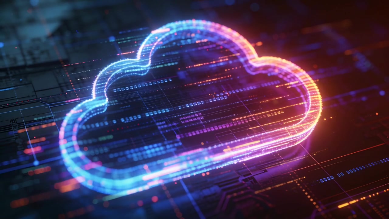 Pulsing neon cloud icon brightening frame1, emitting data streaks showing flow across circuit grid