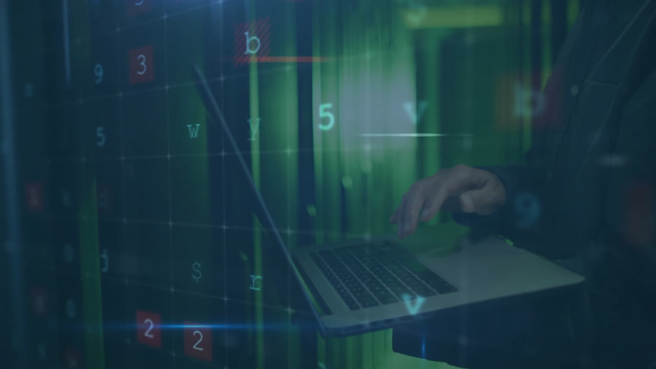 Animation of data processing with cyberattack warning over biracial businessman in server room
