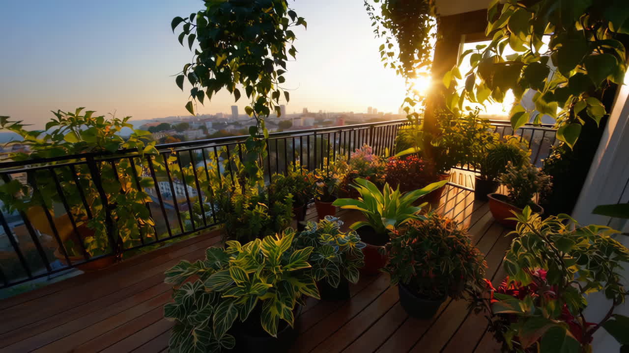 Giardino sul balcone al tramonto con piante rigogliose