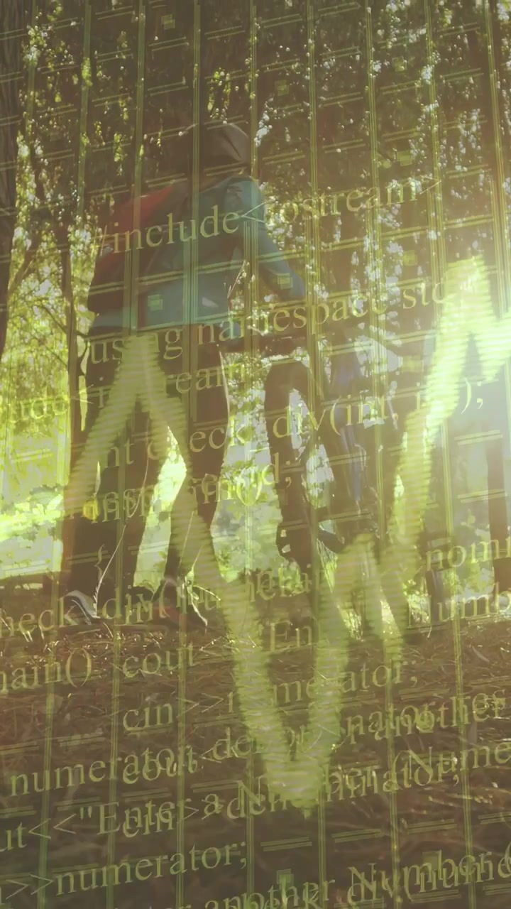 Vertical video: Grid fading and sun revealing pair hiking uphill with tech waveform code
