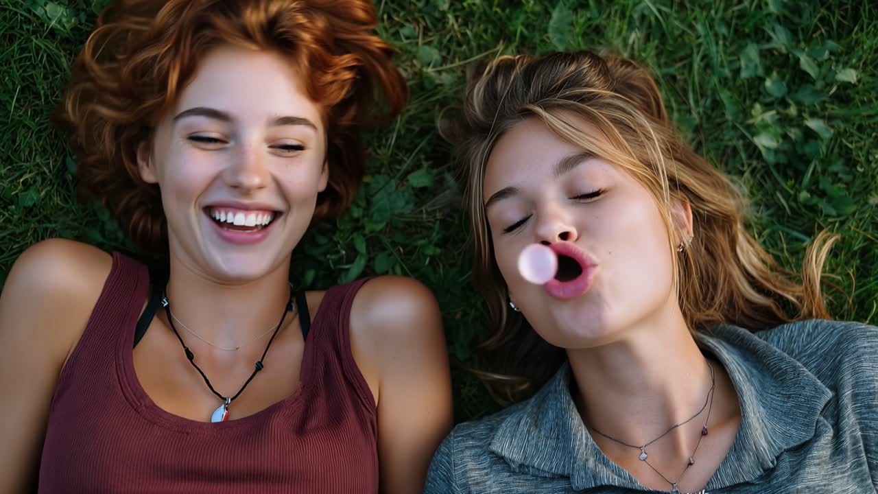 Duas jovens deitadas na grama, relaxadas e alegres. Uma sopra uma bolha, a outra sorri calorosamente para a câmera. Elas riem juntas, compartilhando um momento lúdico e despreocupado. Perfeito para cenas de amizade.