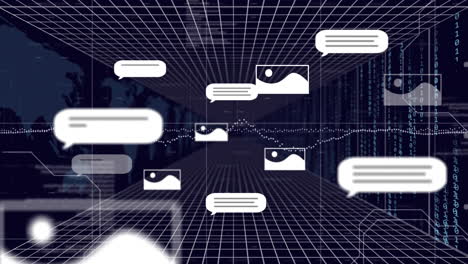 burbujas de chat y iconos de imagen animación sobre el fondo de la cuadrícula con puntos de datos