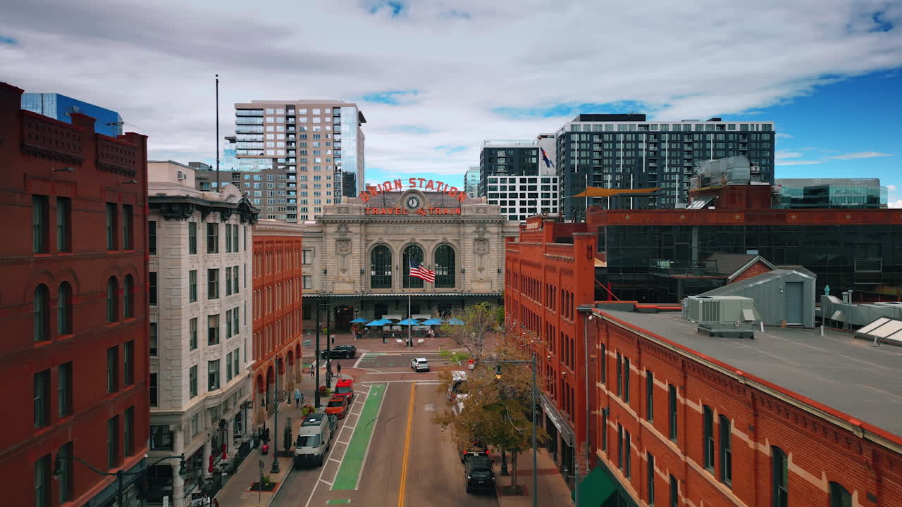 Denver, USA, 28 July 2025: Approaching the front façade of the Union Station in Denver, Colorado, USA. Footage over the street leading to the railway station