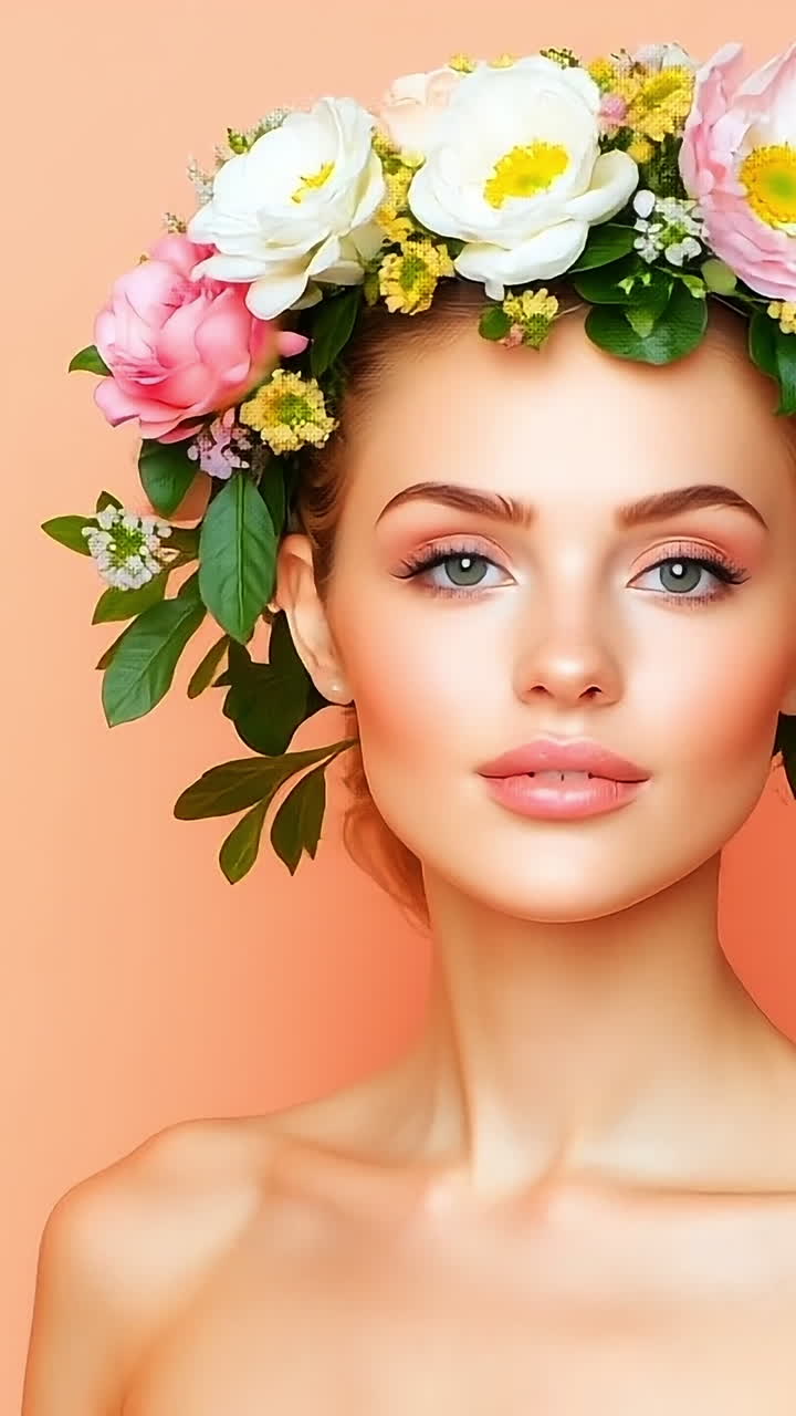 Floral crown woman, peach background. A young woman poses elegantly, adorned with vibrant flowers on her head, highlighting her natural beauty and charm.