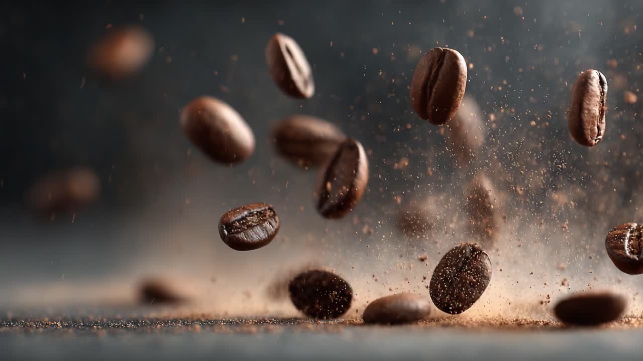 Enticing Slow-Motion Capture of Coffee Beans in Motion Highlighting Their Rich Texture and Flavorful Essence Against a Subtle Background
