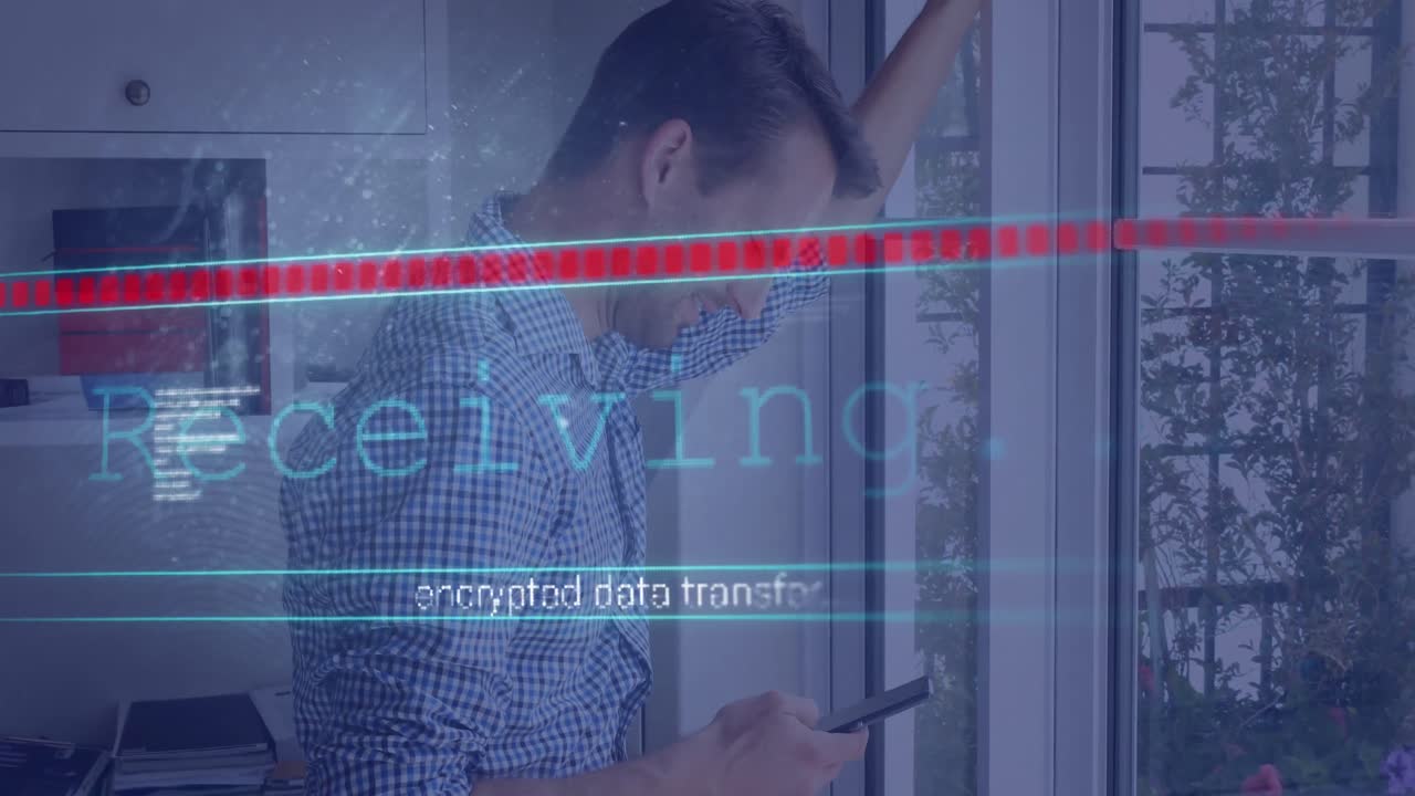 스마트폰을 사용하는 카우카스계 사업가에 대한 데이터 처리 애니메이션