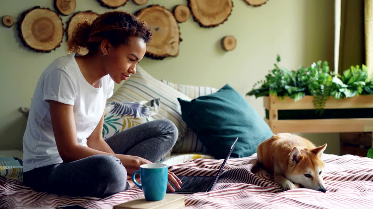 Cheerful mixed race student is using laptop doing homework sitting on bed at home while her adorable pet dog is resting near her. Modern technology and education concept.