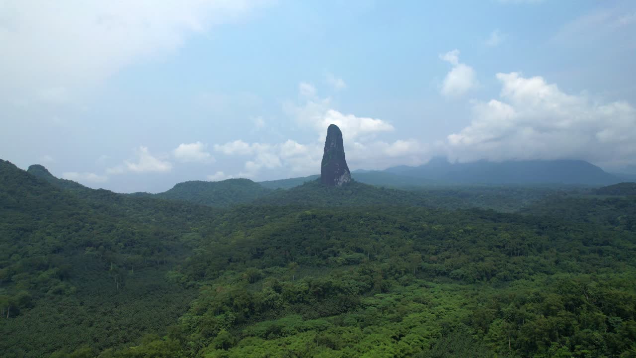 Aerial circular view from pico Cão grande located at the south of São Tomé,Africa.