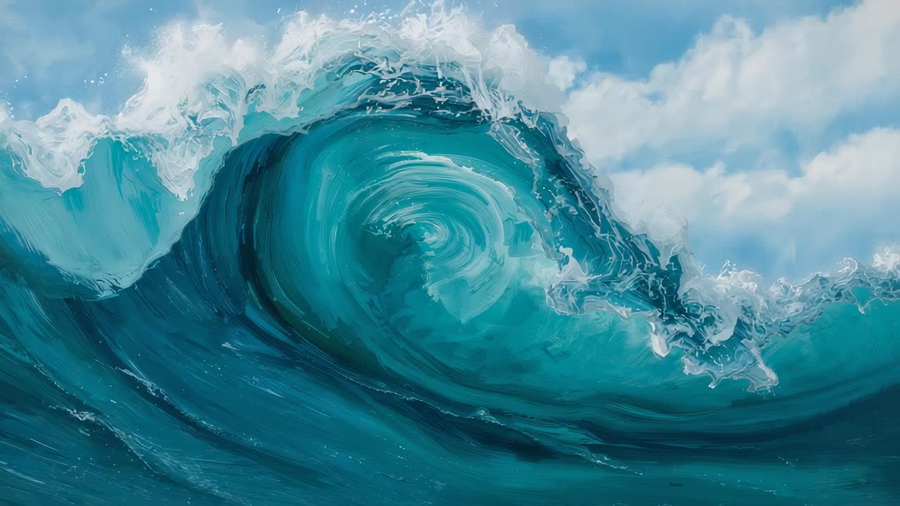 Swell building ocean wave curling into hollow tube near shore under clear sky, whitewater foam