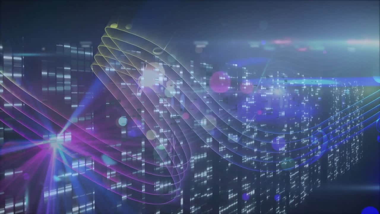 Magenta node emerging from city emitting coil sending electric-blue wave forming treble clef motif