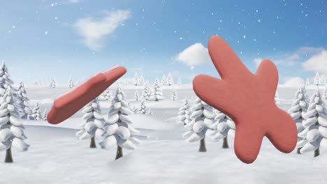 animation of christmas gingerbread cookies over snowflakes falling and winter scenery