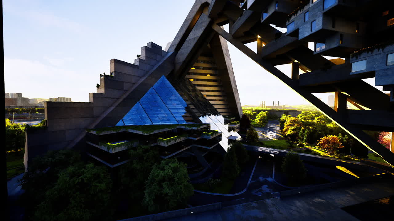 Calm city space with glass structures and gentle lighting effects