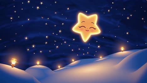 una estrella de dibujos animados brillante con un rostro amistoso brilla sobre colinas cubiertas de nieve, iluminadas por pequeñas luces, creando una escena mágica de noche de invierno.