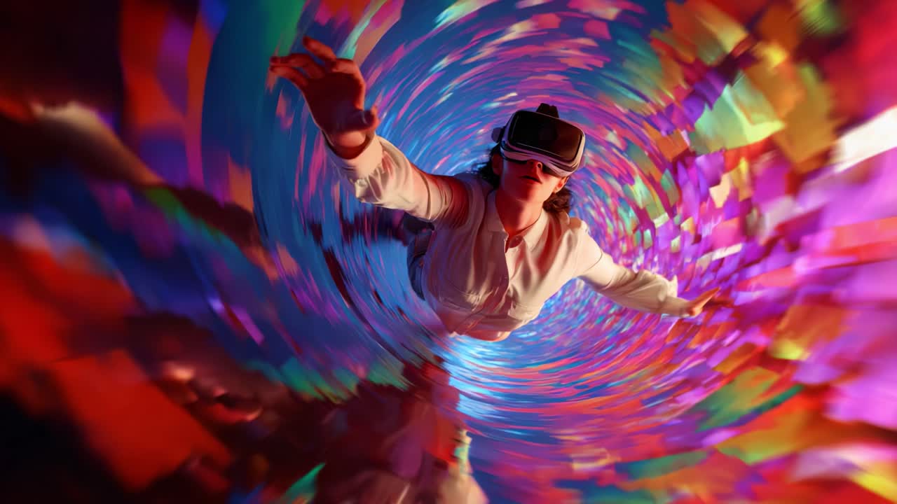 Un voyage surréaliste à travers un monde de réalité virtuelle dynamique, où les couleurs tourbillonnent et les émotions se mélangent harmonieusement tandis que le sujet explore un paysage numérique immersif avec un casque de réalité virtuelle