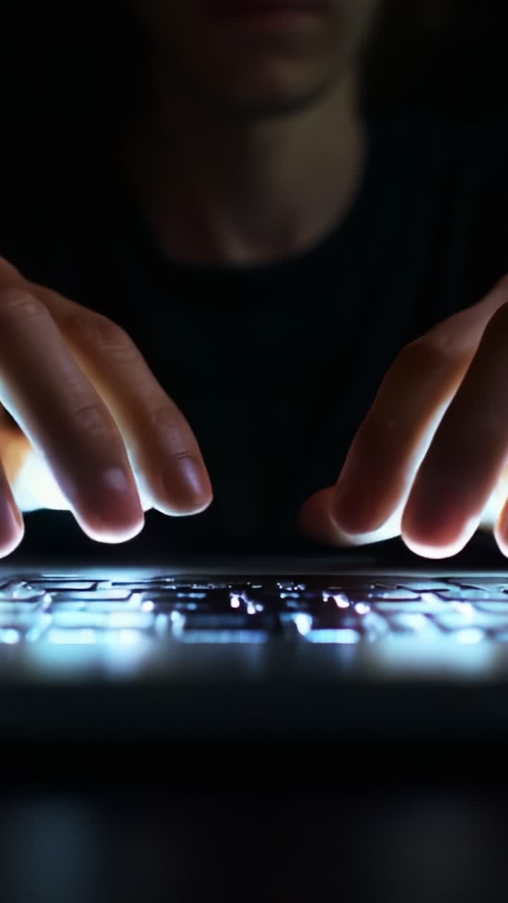 Teclado iluminado: mãos digitando no escuro, focadas nas teclas brilhantes de um laptop, capturando a essência da produtividade noturna e do engajamento digital