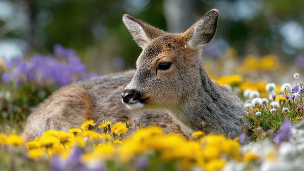 A Serene Moment: A Young Deer Resting Amidst a Vibrant Carpet of Colorful Wildflowers in a Peaceful Natural Setting