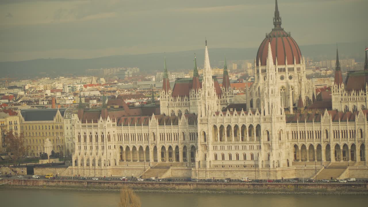 The Parliament Building In Budapest Hungary, An Architectural Masterpiece - panning aerial shot