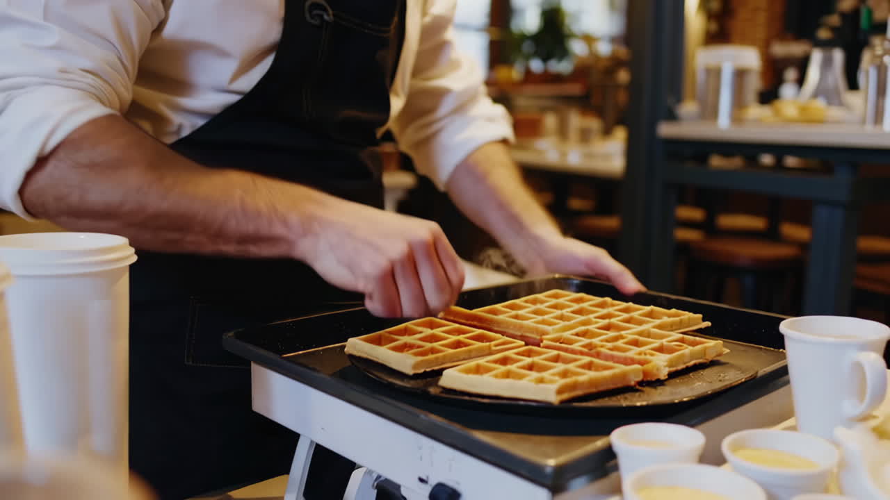 Cafe worker preparing waffles and serving coffee