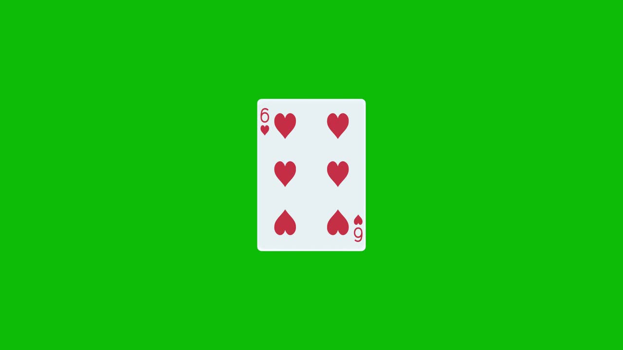 Una carta da poker con il sei di cuori ruota e si rivela su uno schermo verde, animazione 3D. Puoi modificare la tempistica della clip per controllare l'effetto di rivelazione.