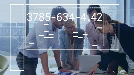 animation of financial data processing over diverse business people in office