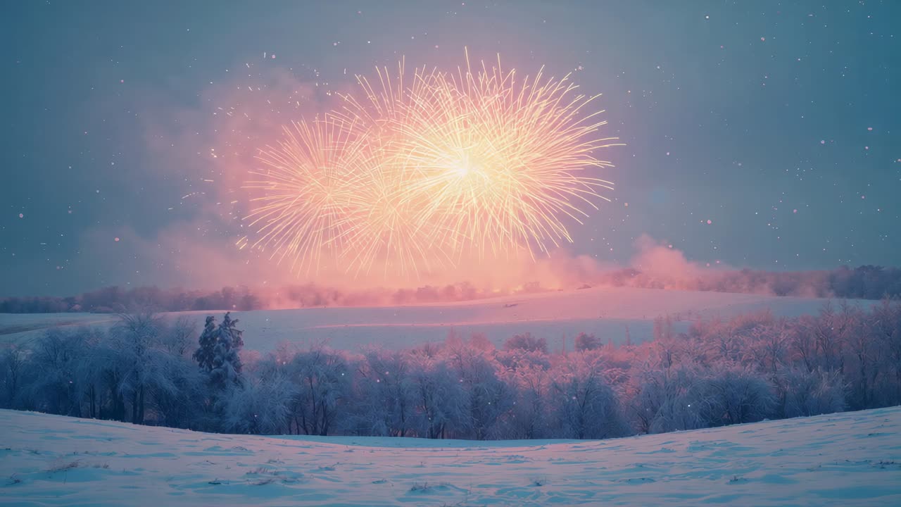 Launching fireworks shells bursting over snowy field at dusk, smoke drifting past frosty trees